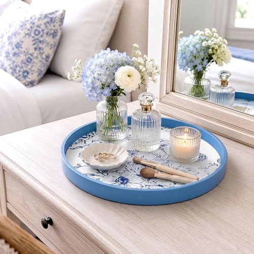 Novabright Blue Wooden Serving Tray, 11.8" Round Chinoiserie - Image 2