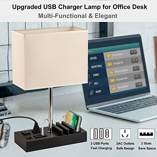 Briever USB Table Lamp, Multi-Functional Desk Lamp with 2 AC Outlets, Bedside Lamp with 3 USB Charging Ports and Wooden Phone Stands, Nightstand Lamp for Bedroom, Livingroom, Office, Linen Shade - Image 4