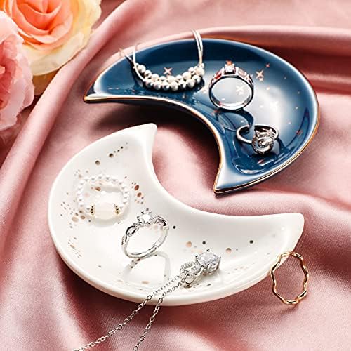 Patelai 2 Pieces Moon Trinket Tray Jewelry Plate Trinket Dish Tray Ring Ceramics Jewelry Dish Gifts for Rings, Earrings, Bracelets, Necklaces, Crystals Stones(Blue, White) - Image 3