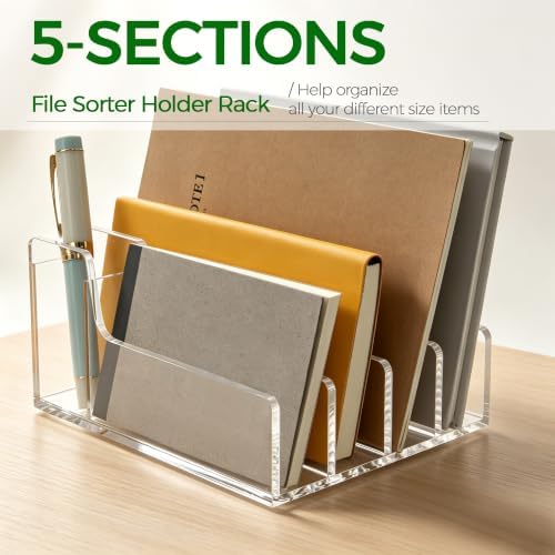 Acrylic Mail Organizer for Desk, 5 Compartments Letter Sorter with Pen Holder, Clear Desktop File Folder & Notebook Holder, Cute Office Supplies Organizer for Home Office School - Image 5