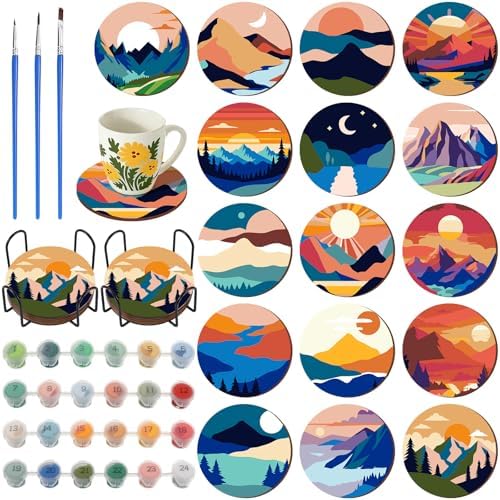 Reallnaive 8 Pcs Mountain Paint by Numbers Kit for Adults Wooden Coasters by Reallnaive