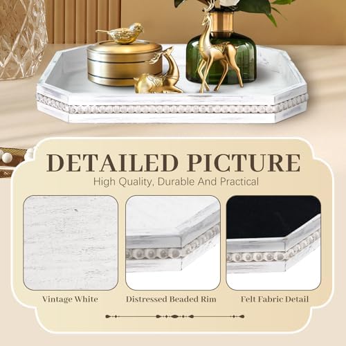 Wooden Decorative Tray, Rustic Serving Tray with Wood Bead, Farmhouse Big Tray for Ottoman, Countertop, Coffee Tabl, 16.5" x 13"x 1.6" (Retro White) - Image 6
