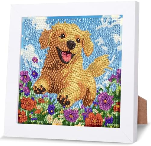 GHHKUD Dog Flowers Diamond Art Painting Kits for Adults with Frame, Diamond Art Animals Crafts for Ages 4-6-8-12, Easy to DIY Gem Painting Gifts Home Wall Decor 15x15cm (Beautiful Packages) by GHHKUD