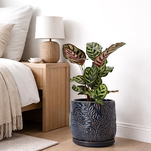 D'vine Dev Embossed Leaves Ceramic Planter, 8 in, Midnight Blue, 27-A-Q-3 - Image 2