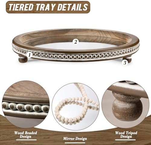 KULEDM Handmade Wooden Serving Tray, Small Beaded Coffee Table Tray Decor, Mirror Round Decorative Tray for Coffee Table, Dining Room Table Entryway and Living Room Table, TR700 - Image 2