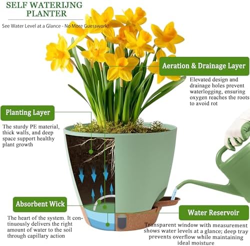 Self Watering Pots for Inoor Ourdoor Plants 8/7/6.5/6/5" Plastic Planters - Image 3