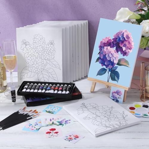 Engrowtic 12 Pcs 8 x 10'' Flower Pre Drawn Canvas to Paint Pre Printed Sketched Canvas for Adult Ladies Paint Art Party Favor Board Set for Craft(Fresh Style) - Image 2