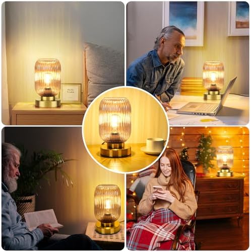 Mid Century Modern Table Lamp with Amber Ribbed Glass Shade,Touch Control & 3 Way Dimmable,Small Gold, Vintage Bedside Lamp for Bedroom, Living Room,Office (Bulb Included) - Image 6