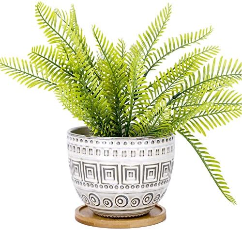 VanEnjoy 5.5 inch Large Round Bohemian Style Ceramic Planter, Geometry Engrave Off White Brown Succulent Planter Flower Pot, Indoor Outdoor Decorative Planter by VanEnjoy
