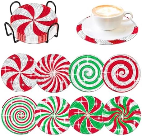 8 Pieces Christmas Candy Diamond Coasters with Holder 5D DIY Christmas Candy Art Coasters for Drinks Diamond Arts Kits for Xmas by Demonwer