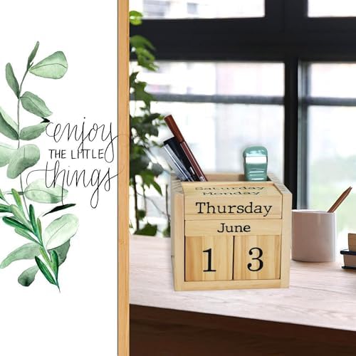 EXQUIDECA Natural Pine Wood Desk Blocks Perpetual Calendar with Pen Holder - Image 3