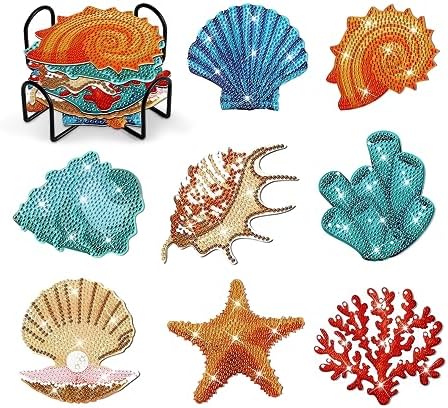 8 pcs Diamond Painting Coasters | Diamond Art Coasters | Sea Shells Diamond Art Painting | Perfect Art Craft Gift for Sea Shells Lover, Dad, Mom, Grandparents, Brother, Sister. by LGANHAPY