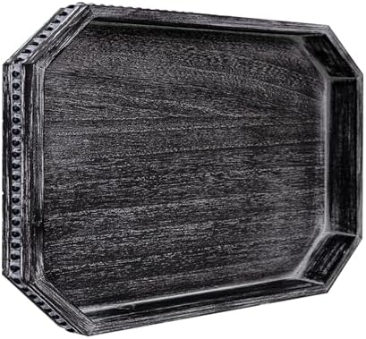 CedarLux Decorative Coffee Table Serving Tray, Long Octagonal Black Wood Tray with Wooden Bead, Farmhouse Big for Ottoman Table, Countertop, Home Decor, 16.5"x13"x1.6" (Retro Black) by CEDARLUX