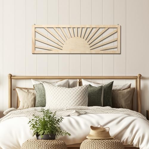 Burbell Horizontal Sun Wall Art, Boho Wooden Room Decor, 35"x12" Wood Color - Image 3