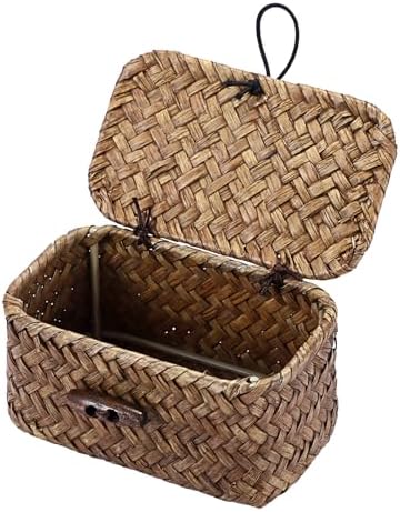 Hipiwe Mini Seagrass Basket Box with Lid Wicker Storage Bins, 4.3x 2.5x2.1" by Hipiwe