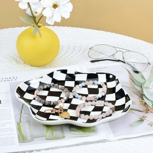 Koythin Black White Checkerboard Ceramic Jewelry Tray, Vanity Trinket Dish - Image 3