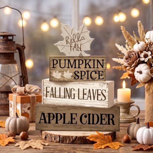 Moucuny 4 Pcs Neutral Fall Table Decor for Home Maple Leaf Wooden Blocks - Image 2