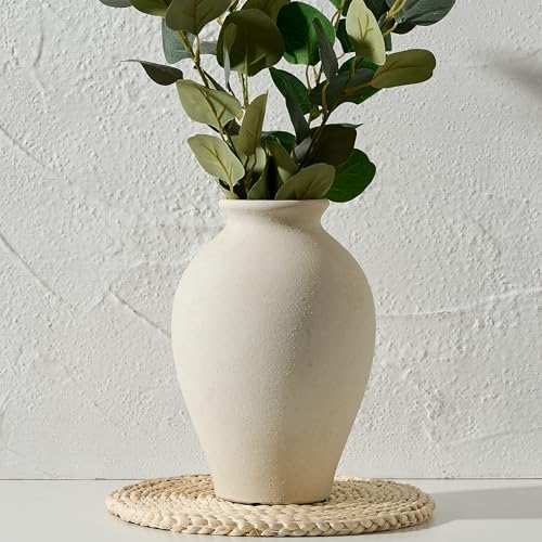 SIDUCAL Ceramic Vintage Flower Vase | 9 Inch Large Pottery Rustic Farmhouse Boho Vase for Home Decor, Table, Living Room, Bathroom, Coffee Desk, Shelf, Mantel Decoration, Wedding, White by SIDUCAL