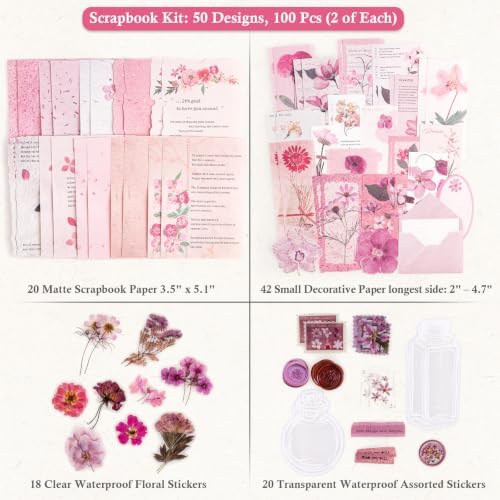 RISYPISY 100Pcs Floral Scrapbook Supplies Kit for Junk Journal - Image 5