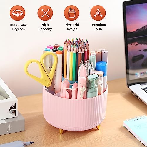 Desk Pencil Pen Holder, 5 Slots 360°Degree Rotating Organizers for Desk, Desktop Storage Stationery Supplies Organizer, Cute Cup Pot Office, School, Home, Art Supply, Pink - Image 2