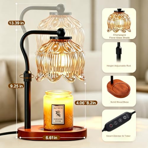 Briever Flower Candle Warmer Lamp, Adjustable Height Electric Candle Lamp with Timer & Dimmer, Wooden Base Wax Warmer, Christmas Birthday Housewarming Gifts for Women Mom, Walnut-Champagne - Image 2