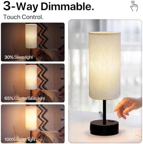 KPQ Bedside Lamp Touch Control Table Lamp with USB A+C Charging Ports & AC Outlet 3-Way Dimmable Nightstand Lamp with Linen Fabric Shade (Beige Shade-Black Base, 14" Small Size Touch Control) - Image 2