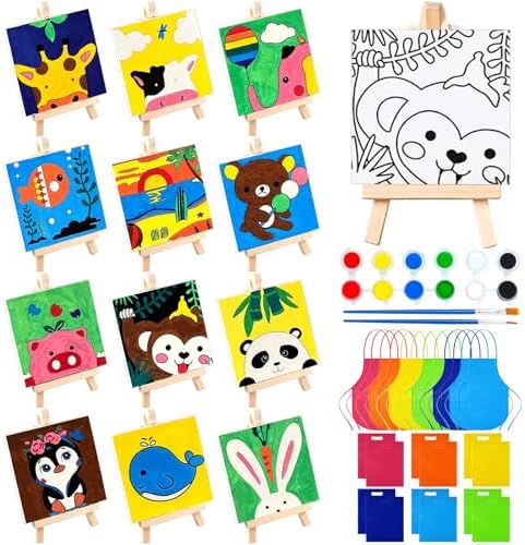 48PCS 12 Sets Printed Canvas Paint Art 12 Pcs Wooden Easel Set Paint Pots and Brushes and 12 Pre Drawn Canvas Panel 12 Pcs Mini Apron and Tote Bag for Kids(Dainty) by SytuHete