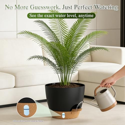 Plant Pots, 1 Pack 12 Inch Self Watering Pots with Drainage Holes, Water Level Indicator Deep Reservoir, Large Planters for Indoor Outdoor Plants - Black Brown - Image 6