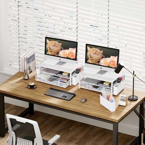 OPNICE Desk Organizers and Accessories, Computer Monitor Stand Riser with Drawer and 2 Pen Holders, Printer & Laptop Stand, Office Desk Accessories & Workspace Organizers for Home Office Supplies, White Wood - Image 2