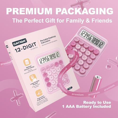 CATIGA Mechanical Switch Calculator, Pink Calculator with 12 Digit Large LCD Display & Big Buttons for Office Desk, Classroom Math, Back to School Supplies, Cute Aesthetic Desk Accessories - Image 5