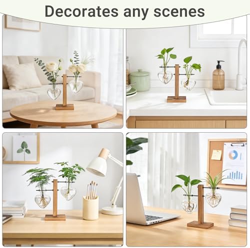 Mkono Propagation Stations,2 Heart Shaped Glass Plant Vases with Wood Stand - Image 3