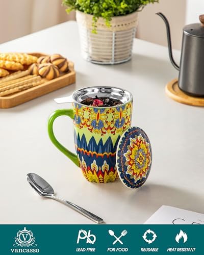 vancasso 18 Oz Tea Infuser Mug with Lid, Mint Petal Whirl - Image 3