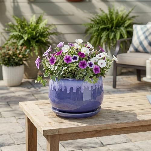 Ceramic Planter for Plants- 9 Inch Plant Pots Indoor with Drainage and Saucer, Decorative Planters, Durable Round Indoor Flower Pot, Garden Room Decor, Plant Gifts for Women Men, Blue - Image 3