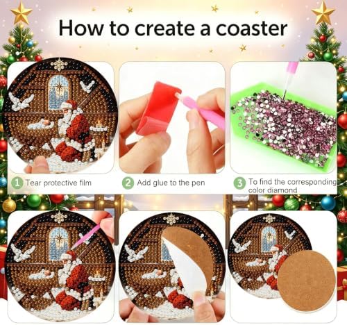 8 Pcs Santa Claus Praying Diamond Art Coasters Kit - DIY 5D Christmas Jesus Diamond Painting Coasters with Holder, Mini Small Diamonds Arts Kits for Adults Coaster, Gem Art Arts and Crafts for Adults - Image 6