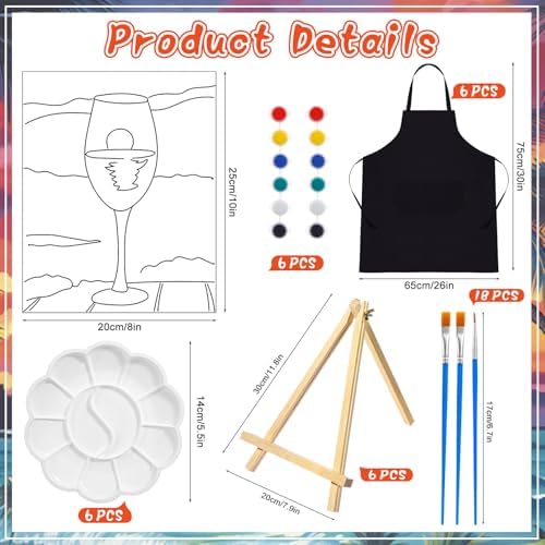 Motipuns 6 Set Pre Drawn Canvas for Painting for Adults Sip and Paint Kit with Easels 8 x 10 Inches Paint Party Kit with Printed Canvas Paints Brushes Palette Apron(Sunset with Wine Glass) - Image 3