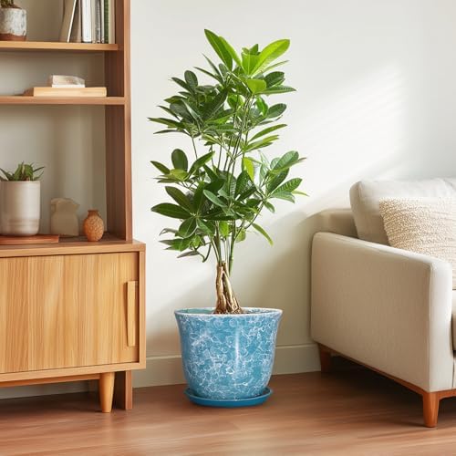 Ceramic Planter - 10 Inch Plant Pot for Indoor Outdoor, Large Round Flower Pots with Drainage Hole and Saucer, Modern Decorative Plant Pots, Garden House Decor, House Warming Gifts, Blue - Image 4