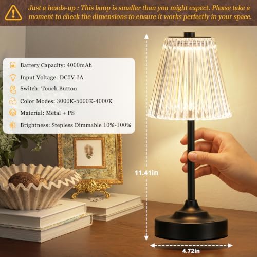 Black Cordless Rechargeable Table Lamp, Touch Battery Powered Lamp, 3 Color Modes, Crystal Acrylic Lampshade, Portable Ambient Night Light for Desk, Bedroom, Living Room, Dining Room, Kitchen, Bar - Image 3