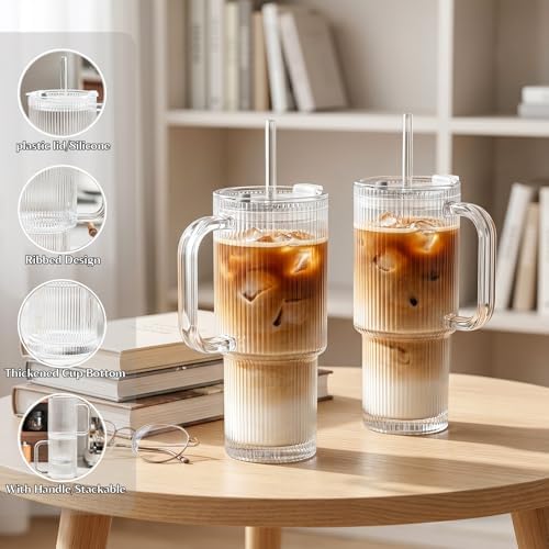 INSETLAN 24 oz Ribbed Glass Tumbler with Handle, 2-Pack Iced Coffee Cups - Image 4