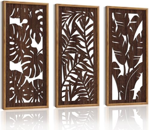HPNIUB 3PCS Tropical Wall Decor, Rustic Palm Leaf Wooden Sign for Bathroom, Vintage Leaf Plant Hanging Wood Plaque Wall Art Nature Picture for Home Office Living Room Decoration(8x16Inch) by HPNIUB