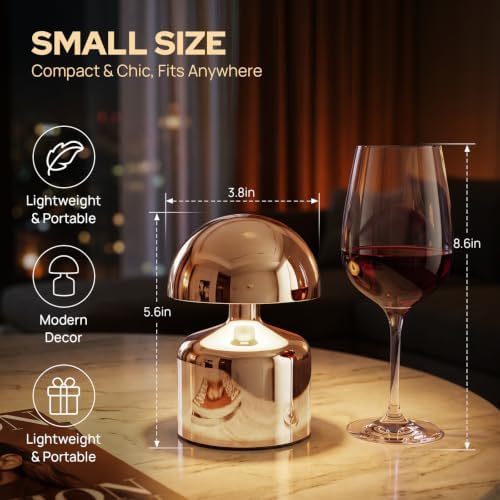 Mini Mushroom Rechargeable Table Lamp Cordles, Gold, 2 Pack - Image 2
