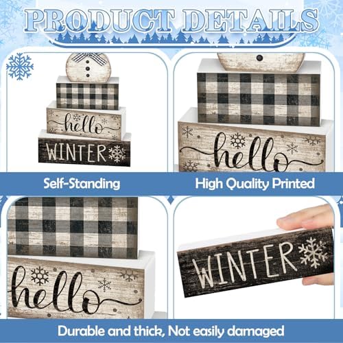 Moucuny 4 Pcs Winter Snowman Tiered Tray Decor Wooden Block Signs - Image 6