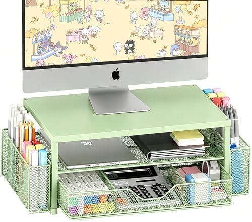 OPNICE Desk Organizers and Accessories, Computer Monitor Stand Riser with Drawer and 2 Pen Holders, Printer & Laptop Stand, Office Desk Accessories & Workspace Organizers for Home Office Supplies, Green by OPNICE