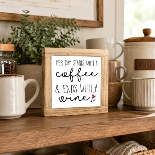 Coffee And Wine Wood Sign, Her Day Starts With Coffee Ends With Wine Plaque, Funny Kitchen Bar Decor, Rustic Shelf Accent For Countertop Dining Room Home Office, 5.9 x 5.9 in - Image 3