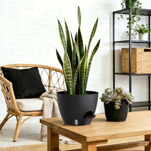 Self Watering Pots with Drainage Holes, 3 Pack 12/10/8 Inch Plant Pots with Water Level Indicator Deep Reservoir, Large Plastic Planter for Indoor Outdoor Plants - Black - Image 6