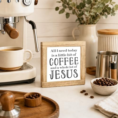 Christian Coffee Wooden Sign, All I Need Today Coffee And Jesus Plaque,Rustic Farmhouse Kitchen Counter Accent, Faith Coffees Bar Shelf Sitter For Prayer Room Home Office Cafe Corner, 5.9 x 5.9 in - Image 4