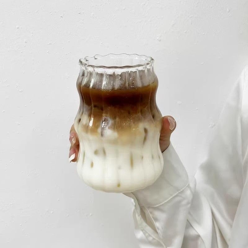 2 Pcs Ribbed Glass Cups, 18 Oz Vintage Drinking Glassware with Wave Shape Design, Bubble Cups for Iced Coffee, Juice, Beverage, Milk, Cocktails, Bubble Tea, - Image 6