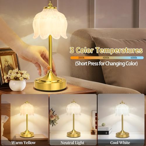 Cordless Table Lamp, Rechargeable White Glass Lotus Flower Lamp - Image 3