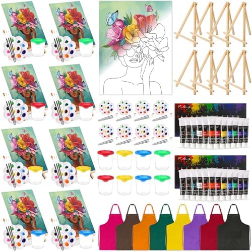 Cholemy 8 Set Paint and Sip Kit for Adults 8'' x 10'' Pre Drawn Canvas with Wooden Easels Acrylic Paint Brushes Wash Cup Palette Apron for Painting DIY Date Night Party Supplies(Flower Lady) by Cholemy