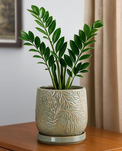 D'vine Dev Embossed Leaves Ceramic Planter, 6 in, Olive, 27-A-X-0 - Image 2