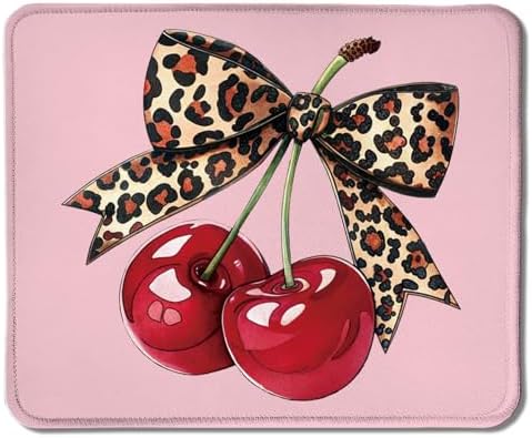 Girly Leopard Bow Cherry Mouse Pad, Trendy Funky Preppy Pink Cherry Bow Aesthetic Mouse Pads Mousepad for Work Gaming Computers Laptop Desk Accessories, 9.5x7.9 Inch by Unknown